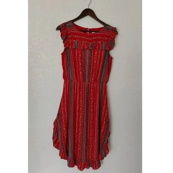 LOFT Floral Ditsy Red Cap Sleeve Midi Dress Casual Party Sz S Fit & Flare Ruffle - Picture 2 of 7